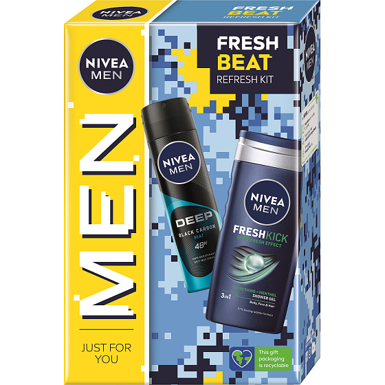 Nivea Men Fresh Beat Deep Black Carbon Beat antiperspirant deodorant sprej 150 ml + Fresh Kick 3v1 sprchový gel 250 ml, kosmetická sada pro muže