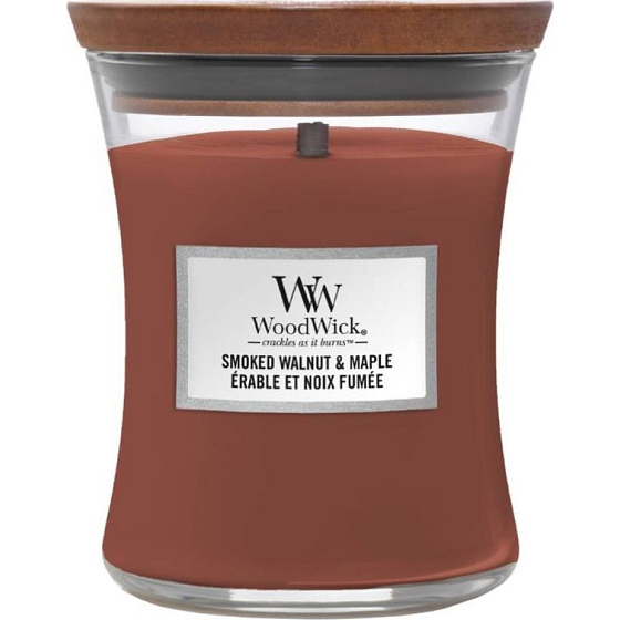 WoodWick Smoked Walnut & Maple - Pečené vlašské ořechy a javorový sirup vonná svíčka s dřevěným knotem a víčkem sklo střední 275 g
