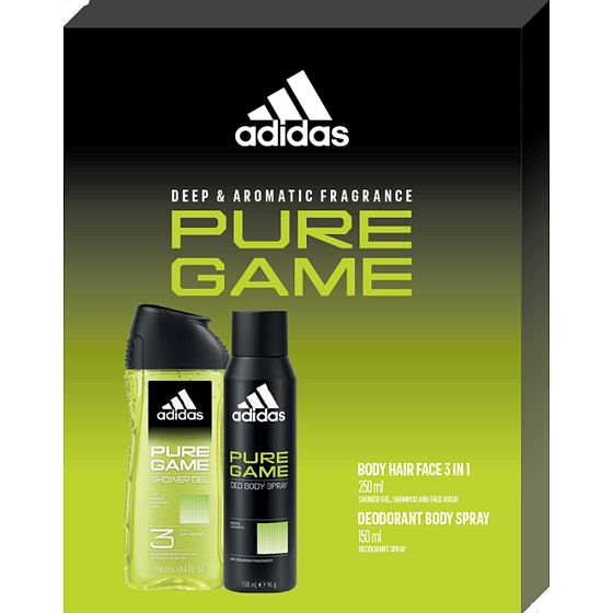 Adidas Pure Game deodorant sprej 150 ml + 3v1 sprchový gel na tělo, tvář a vlasy 250 ml, kosmetická sada pro muže