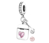 Charm Srebrne 925 Airpods słuchawki z różowym sercem, 2w1 zawieszka na bransoletkę