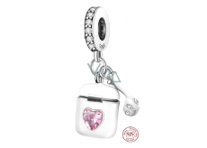 Charm Srebrne 925 Airpods słuchawki z różowym sercem, 2w1 zawieszka na bransoletkę