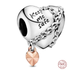 Charm Srebrna 925 Serce z łańcuszkiem Keep me safe, koralik na bransoletkę miłość
