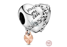 Charm Srebrna 925 Serce z łańcuszkiem Keep me safe, koralik na bransoletkę miłość