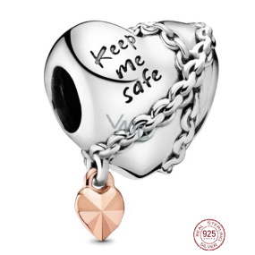 Charm Srebrna 925 Serce z łańcuszkiem Keep me safe, koralik na bransoletkę miłość