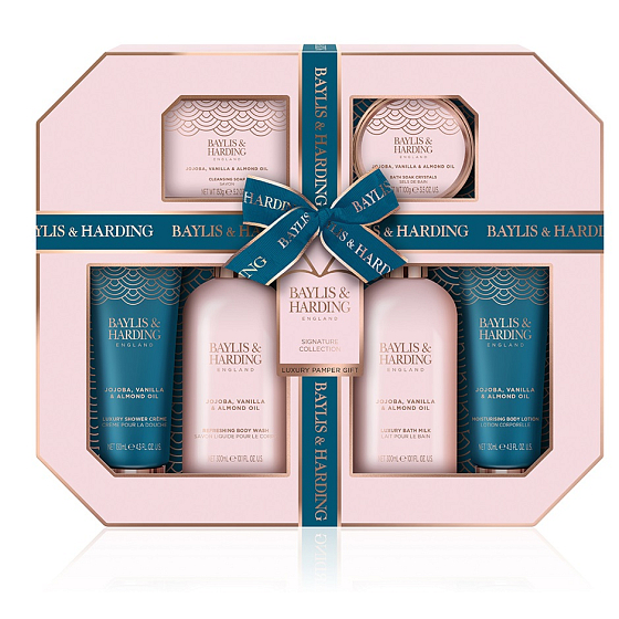Baylis & Harding Jojoba, wanilia i olej migdałowy żel pod prysznic 300 ml + mleko do kąpieli 300 ml + mydło toaletowe 150 g + krem pod prysznic 130 ml + mleko do ciała 130 ml + sól do kąpieli 100 g, zestaw kosmetyków dla kobiet