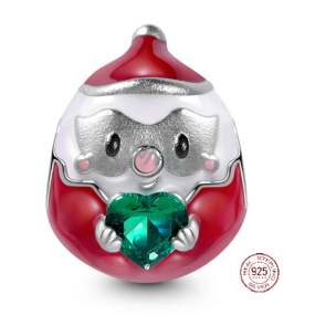 Charm Srebrna 925 Santa i zielone serce, koralik na bransoletkę Boże Narodzenie