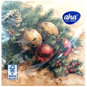 Aha Serwetki papierowe 3-warstwowe 33 x 33 cm 20 sztuk Złote i czerwone jagody, ostrokrzew i gałązka Aha Serwetki papierowe 3-warstwowe 33 x 33 cm 20 sztuk Złote i czerwone jagody, ostrokrzew i gałązka