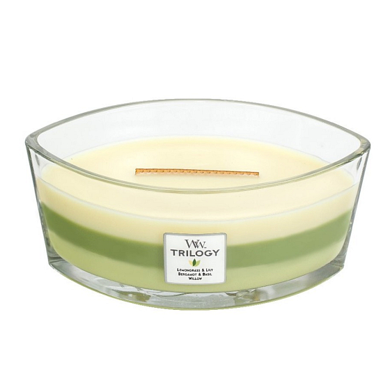 WoodWick Trilogy Garden Oasis - Zahradní oáza vonná svíčka s dřevěným širokým knotem a víčkem sklo loď 453 g