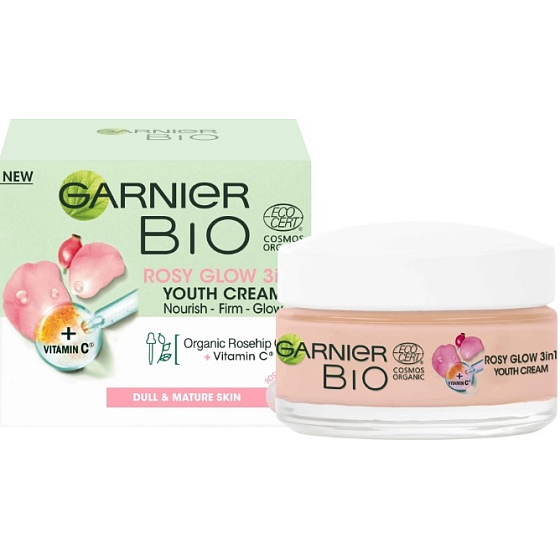 Garnier Bio Rosy Glow Šípkový olej a vitamín C 3v1 denní krém pro unavenou pleť 50 ml