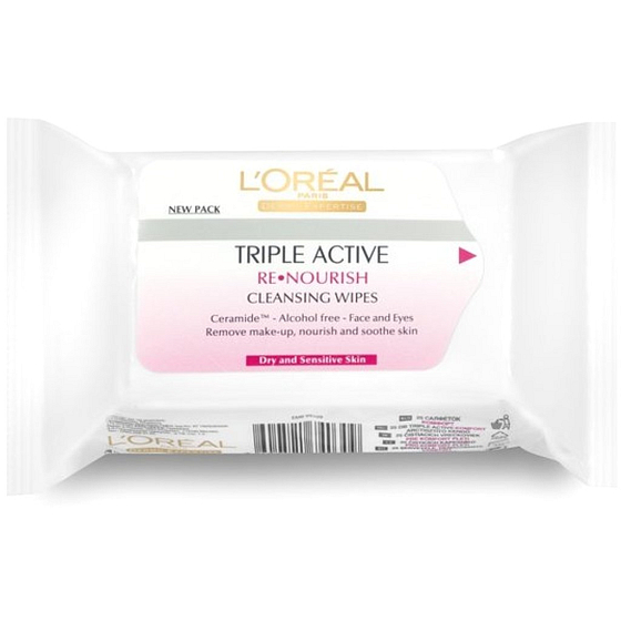 Loreal Paris Triple Active čisticí kapesníky suchá a citlivá pleť 25 kusů