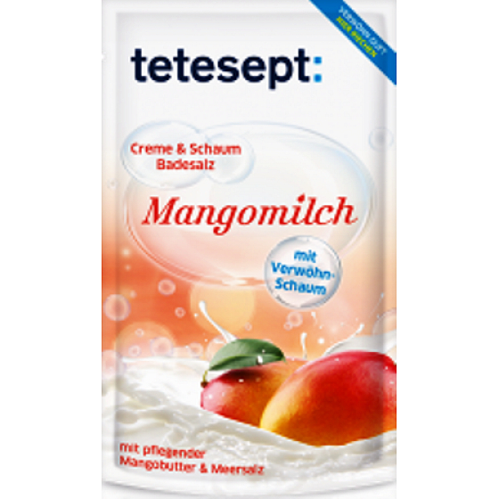 Tetesept Mangové mléko + Mandlový olej Mořská sůl, Krémovo-pěnivá sůl do koupele 80 g Mangomilch