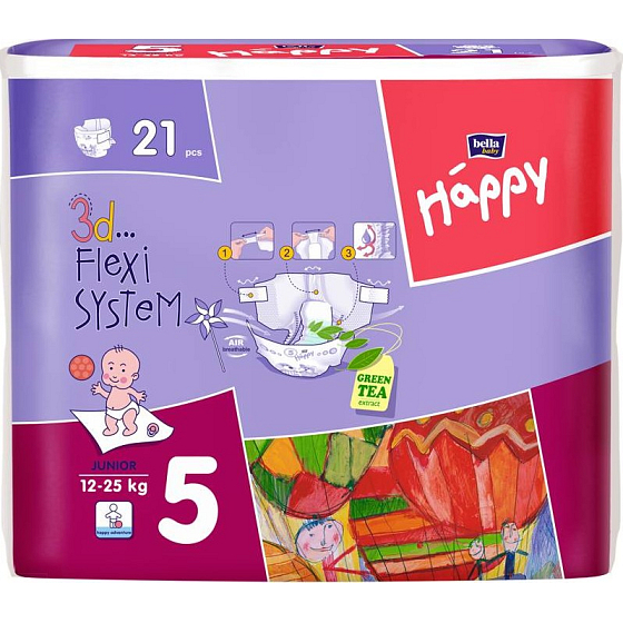 Bella Happy 5 Junior 12-25 kg plenkové kalhotky 21 kusů