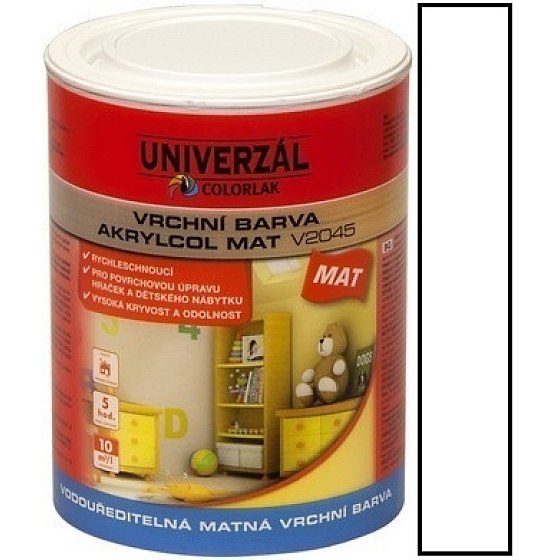 Colorlak Akrylcol Mat V2045 vodouředitelná matná vrchní barva Bílá 0,6 l