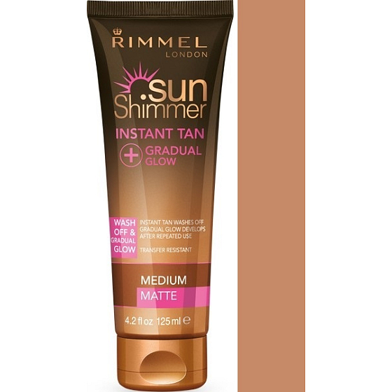 Rimmel London Sun Shimmer Instant Tan bronzingový make-up pro okamžité opálení 002 Medium Matte 125 ml