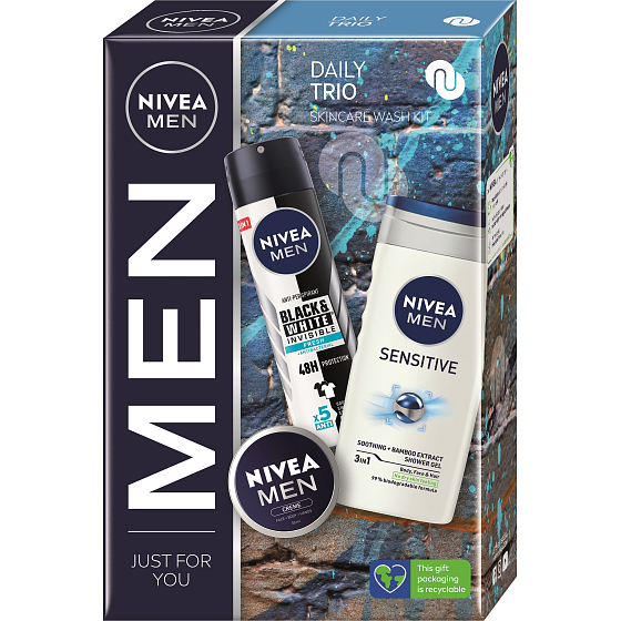 Nivea Men Daily Trio Creme krém 30 ml + Invisible Black & White Fresh antiperspirant deodorant sprej 150 ml + Sensitive 3v1 sprchový gel 250 ml, kosmetická sada pro muže