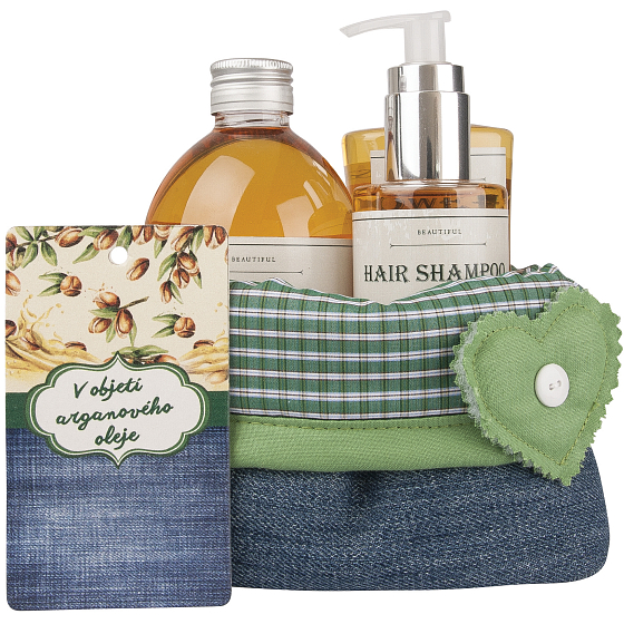 Bohemia Gifts Arganový olej V objetí arganového oleje sprchový gel 250 ml + šampon na vlasy 250 ml + pěna do koupele 500 ml + látkový košík, kosmetická sada