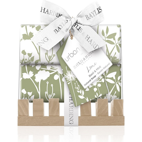 Baylis & Harding Limetka, Bazalka a Máta toaletní mýdlo 2 x 200 g + dřevěná mýdlenka, kosmetická sada