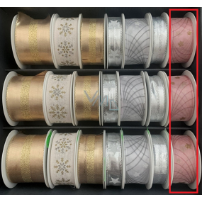 Wstążka materiałowa bożonarodzeniowa Różowo-Złote Gwiazdki 25 mm x 2,5 m