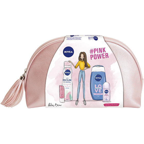 Nivea Raspberry White Tea tělová pěna 200 ml + Love Waves sprchový gel 250 ml + Pearl & Beauty kuličkový antiperspirant 50 ml + Labello Pearly Shine balzám na rty 4,8 g + etue, kosmetická sada