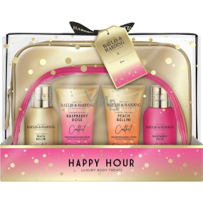 Baylis & Harding Koktejlová hodina Broskvové Bellini mycí gel 100 ml + Malinová růže sprchový krém 100 ml + Broskvové Bellini tělové mléko 50 ml + Malinová růže krém na ruce 50 ml + toaletní taška 2 kusy, kosmetická sada