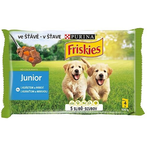 Purina Friskies Junior kurczak z marchewką w sosie pełnoporcjowe karma dla psów saszetka 4 x 100 g