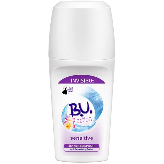 B.U. In Action Sensitive Invisible 48h kuličkový antiperspirant deodorant roll-on pro ženy 50 ml