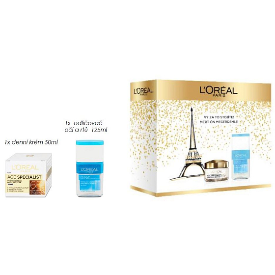 Loreal Paris Age Specialist 65+ denní krém proti vráskám 50 ml + dvoufázový odličovač na oči a rty 125 ml, kosmetická sada