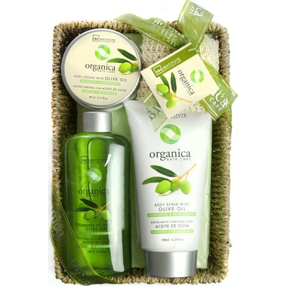 Idc Institute Organica Olive Oil sprchový gel 188 ml + tělové mléko 180 ml + tělový peeling 60 ml + sisalová houbička 1 kus v košíku, kosmetická sada