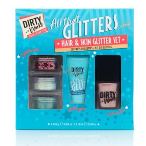 Dirty Works All That Glitters kalíšek se třpytkami 3 x 0,8 g + lepidlo na třpytky 10 ml + lak na nehty 10 ml, kosmetická sada