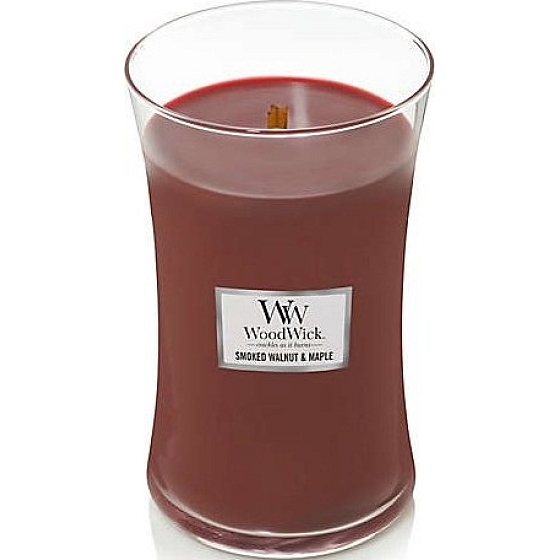 WoodWick Smoked Walnut & Maple - Pečené vlašské ořechy a javorový sirup vonná svíčka s dřevěným knotem a víčkem sklo velká 609 g