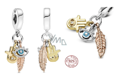 Zawieszka ze srebra próby 925 Ochronny amulet, ręka Fatimy, oko proroka i pióro, talizman 3w1, zawieszka do bransoletki symbol