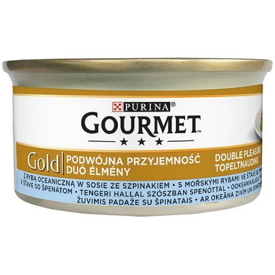 Gourmet Gold Double Pleasure z ryb morskich w sosie ze szpinakiem, puszka dla dorosłych kotów 85 g