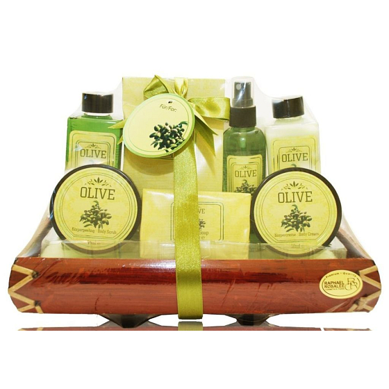 Raphael Rosalee Cosmetics Oliva sprchový gel 190 ml + tělové mléko 190 ml + tělový sprej 100 ml + tělový peeling 50 ml + tělový krém 50 ml + sůl do koupele 200 g + toaletní mýdlo 100 g, kosmetická sada