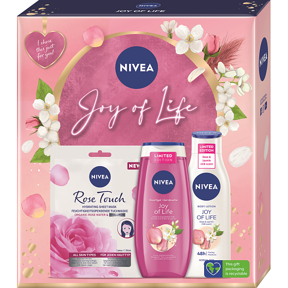 Nivea Joy of Life Rose Touch textilní pleťová maska 1 kus + Joy of Life sprchový gel 250 ml + Joy of Life tělové mléko 250 ml, kosmetická sada pro ženy