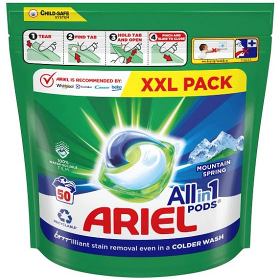 Ariel All in1 Pods Mountain Spring żelowe kapsułki do prania białego i kolorowego 50 sztuk