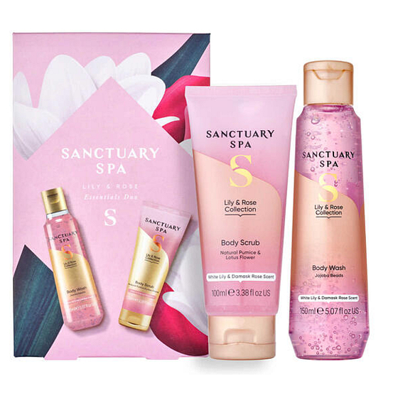 Sanctuary Spa Lilie a růže sprchový gel 150 ml + tělový peeling 100 ml, kosmetická sada pro ženy