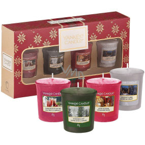 Yankee Candle Candlelit Cabin - Chata ozářená svíčkou + After Sledding - Po sáňkovačce + Evergreen Mist - Lesní mlha + Pomegranate Gin Fizz - Gin Fizz z granátového jablka votivní svíčka 4 x 49 g, vánoční dárková sada