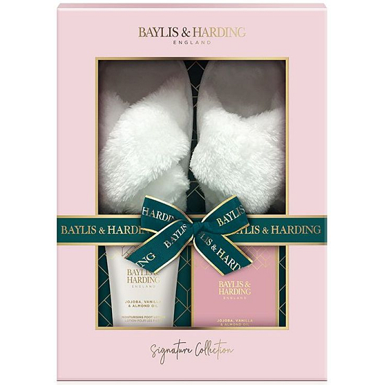 Baylis & Harding Jojoba, Wanilia & Olej migdałowy sól do kąpieli 100 g + mleko do stóp 140 ml + klapki, zestaw kosmetyczny dla kobiet