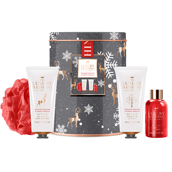Grace Cole Toasted Praline & Sweet Vanilla żel pod prysznic 100 ml + balsam do ciała 100 ml + gąbka myjąca + sól do kąpieli 50 ml + puszka, zestaw kosmetyków dla kobiet