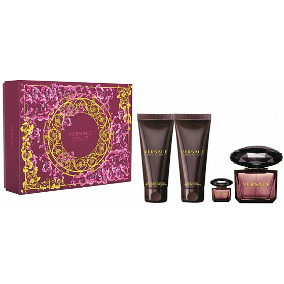 Versace Crystal Noir toaletní voda 90 ml + tělové mléko 100 ml + sprchový gel 100 ml + toaletní voda 5 ml miniatura, dárková sada pro ženy