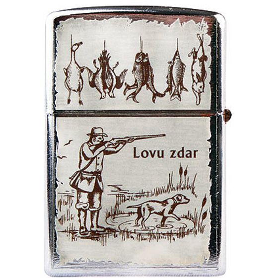 Bohemia Gifts Retro zapalovač kovový benzínový s potiskem Lovu zdar běžový 5,5 x 3,5 x 1,2 cm
