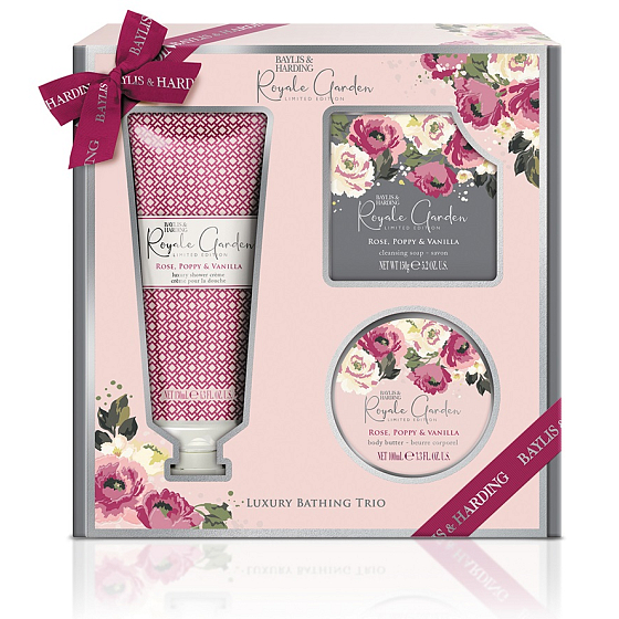 Baylis & Harding Růže, Vlčí mák a Vanilka sprchový krém 130 ml + tělové máslo 100 ml + toaletní mýdlo 150 g, kosmetická sada pro ženy