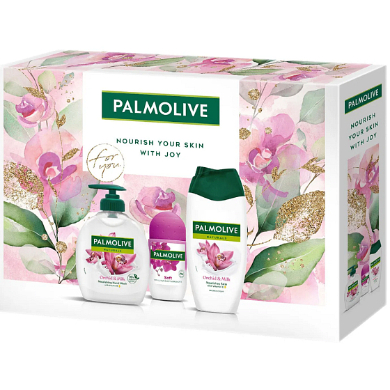 Palmolive Naturals Orchid & Milk żel pod prysznic 250 ml + Naturals Orchid & Milk mydło w płynie 300 ml + Luxurious Soft antyperspirant roll-on 50 ml, zestaw kosmetyków dla kobiet