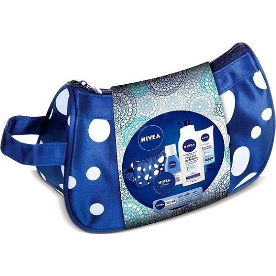 Nivea Milk Hydration dvoufázový odličovač očí a make-upu 125 ml + krém na ruce 100 ml + tělové mléko Express 400 ml + krém 30 ml + kosmetická taštička, kosmetická sada