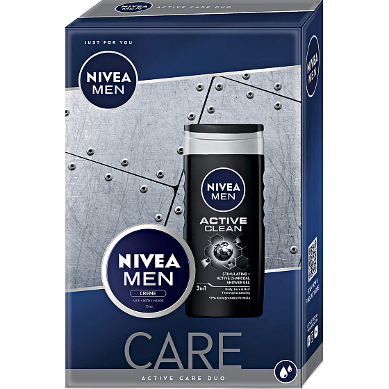 Nivea Men Care Active Clean sprchový gel 250 ml + Men krém 75 ml, kosmetická sada pro muže