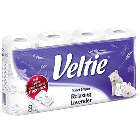 Veltie Relaxing Lavender parfémovaný toaletní papír s vůní levandule 3 vrstvý 150 útržků 8 kusů