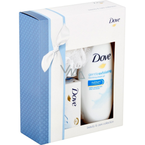 Dove Gentle Exfoliating sprchový gel 250 ml + toaletní mýdlo 100 g + mycí houba, kosmetická sada Dove Gentle Exfoliating sprchový gel 250 ml + toaletní mýdlo 100 g + mycí houba, kosmetická sada