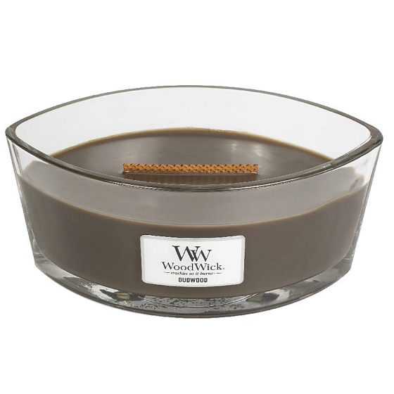 WoodWick Oudwood - Pryskyřice vonná svíčka s dřevěným širokým knotem a víčkem sklo loď 453 g