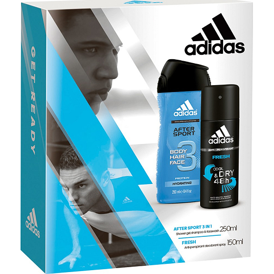 Adidas After Sport Fresh 3v1 sprchový gel pro muže 250 ml + Fresh antiperspirant deodorant sprej 150 ml, kosmetická sada