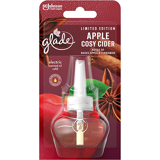 Glade Electric Scented Oil Apple Cosy Cider s vůní horkého jablečného cideru a voňavé skořice tekutá náplň do elektrického osvěžovače vzduchu 20 ml